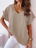 Plain Summer Linen V neck Daily Pullover Short sleeve Loose Regular Shirts for Women