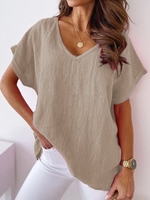 Plain Summer Linen V neck Daily Pullover Short sleeve Loose Regular Shirts for Women