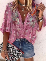 Polyester Fibre Floral Loosen Blouses