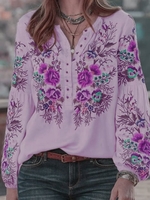 Printed Casual V Neck Cotton Tunic Blouses