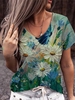 Printed Cotton-Blend V Neck Casual T-Shirts - Noracora