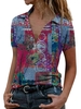 Printed Patchwork V Neck Short Sleeve T-Shirts - Noracora