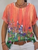 Printed Round Neck Cotton-Blend Short Sleeve T-Shirts - Noracora