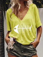 Printed Short Sleeve Cotton V Neck Casual Tops