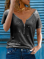 Printed Short Sleeve Geometric V Neck T-Shirts - Noracora