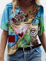 Printed Short Sleeve V Neck T-Shirts - Noracora