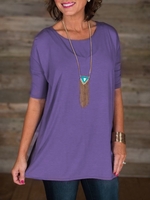 Purple Casual Cotton-Blend Crew Neck Solid T-Shirts - Noracora