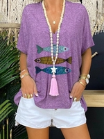 Purple Printed Animal Short Sleeve Casual T-Shirts - Noracora