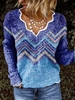 Purple Stripes V Neck Color-Block Long Sleeve Sweaters - Noracora