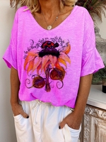 Purple V Neck Cotton Short Sleeve T-Shirts - Noracora