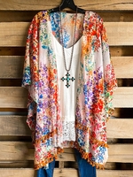 Red Floral-Print Shift Ombre/tie-Dye 3/4 Sleeve Cardigans - Noracora