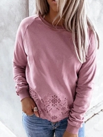 Rose Red Round Neck Long Sleeve Cotton-Blend Causal Tops - Noracora