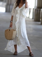 Shift V Neck Frill Sleeve Dresses - Noracora