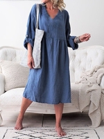 Simple & Basic V Neck Buttoned Long Sleeve Causal Dresses