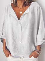 Solid Long Sleeve Buttoned V Neck Causal Tops