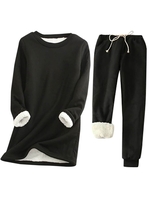 Sports Plain Winter Polyester Micro-Elasticity Long Sleeve Top With Pants H-Line Fleece Two-Piece Sets for Women