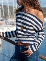 Stripe-Blue Long Sleeve Buttoned Causal Tops - Noracora