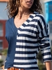 Stripe-Blue Paneled Long Sleeve Cotton-Blend Causal Tops - Noracora
