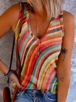 Striped Casual Regular Fit V Neck Tanks & Camis