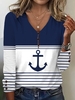 Striped Casual Spring/Fall V neck Buttoned Best Sell Regular CR AA T-shirts for Women