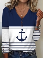 Striped Casual Spring/Fall V neck Buttoned Best Sell Regular CR AA T-shirts for Women