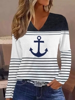Striped Casual Spring/Fall V neck Daily Loose Long Sleeve Regular NL T-shirts for Women