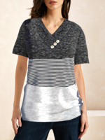 Striped Casual Summer Cotton V neck Loose Regular H-Line Buckle T-shirts for Women