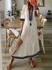 Striped Casual Summer Polyester V neck Natural Long Half sleeve A-Line Dresses for Women