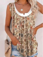 Summer Vacation Floral Pattern No Elasticity Sleeveless Mid-long A-Line Regular VAC Tank Tops for Women