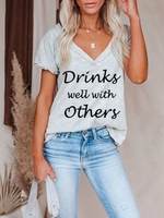 Sweet Short Sleeve V Neck Letter T-Shirts - Noracora