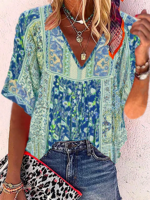 V Neck Boho Loose Polyester Fibre Half Sleeve Blouses