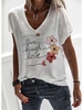 V Neck Casual Letter Cotton-Blend T-Shirts - Noracora