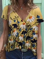 V Neck Casual Printed Short Sleeve T-Shirts - Noracora