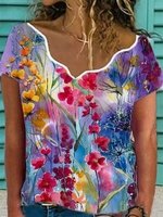 V Neck Casual Printed Short Sleeve T-Shirts - Noracora