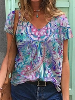 V Neck Casual Short Sleeve Cotton-Blend T-Shirts - Noracora