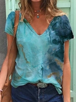 V Neck Cotton-Blend Casual Printed T-Shirts - Noracora