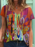 V Neck Cotton-Blend Casual T-Shirts - Noracora