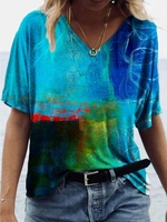 V Neck Cotton-Blend Short Sleeve Ombre/tie-Dye T-Shirts - Noracora