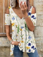 V Neck Cotton Blends Hollow Out Tunic T-shirts
