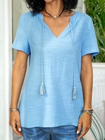 V Neck Cotton Short Sleeve Plain T-Shirts - Noracora