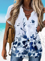 V Neck Floral Casual Polyester Fibre Tunic Blouses