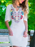V Neck Floral Half Sleeve Cotton-Blend Auto-Clearance - Noracora