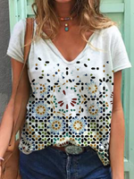 V Neck Geometric Short Sleeve Sweet T-Shirts - Noracora