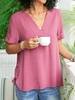 V Neck Linen Plain Short Sleeve T-Shirts - Noracora