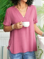 V Neck Linen Plain Short Sleeve T-Shirts - Noracora