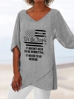 V Neck Loosen Half Sleeve Cotton Blouses