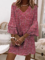 V Neck Loosen Romantic Short Sleeve Woven Tunic Dress