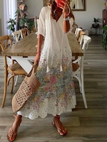 V Neck Polyester Fibre Casual Floral Maxi