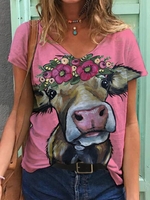 V Neck Printed Cotton-Blend Casual T-Shirts - Noracora