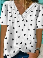 V Neck Printed Cotton-Blend Casual T-Shirts - Noracora